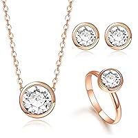 Clearine Elagant Austrian Crystal Round Rhinestone Pendant Necklace Stud Earrings Ring Set Wedding/Birthday/Valentine's Day/Christmas/Mothers Day Jewellery Gift for Women