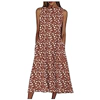 Women's Dress Print Beach Sleeveless Long Floor Maxi Round Neck Glamorous Swing Casual Loose-Fitting Summer Flowy
