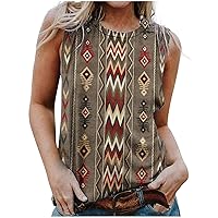 Womens Summer Sleeveless Tops Fashion Western Aztec Tshirts Crewneck Ethnic Print Casual Tee Sports Tank Tops Vest
