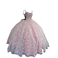 2024 Beautiful 3D Floral Butterfly Puffy Ball Gown Quinceanera Evening Formal Dresses with Spaghetti Straps