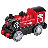 Wooden Railway Battery Powered Engine No. 1 Kid's Train Set Red, White, Black, Blue, L: 3.7, W: 1.3, H: 1.9 inch