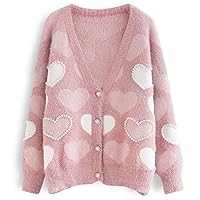 CHICWISH Women's Pink Pearly Contrast Heart Soft Fuzzy Knit Cardigan