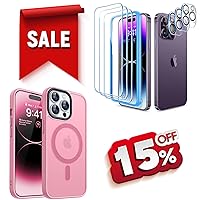 CANSHN Matte Magnetic Designed for iPhone 14 Pro Case Pink & 3+3 Pack for iPhone 14 Pro Screen Protector Tempered Glass & Camera Lens Protector - 6.1 Inch
