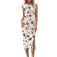 ANRABESS Womens Summer Sleeveless Bodycon Midi Dress Button Slit 2024 Fashion Casual Sundress Cocktail Party Dresses
