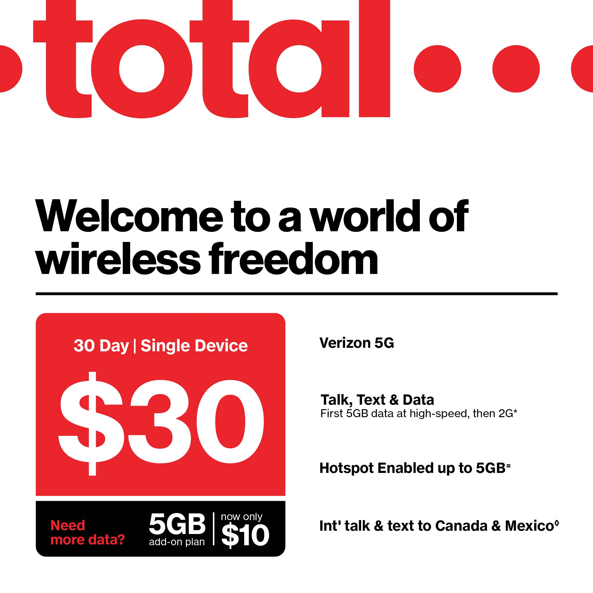 Total by Verizon $30 - Unlimited Talk and Text, 5G Data and HS/Monthly