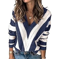Women's Fashion Long Sleeve Striped Color Block Knitted Sweater Crew Neck Loose Pullover Jumper Tops