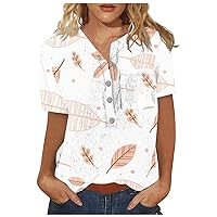 Summer Tops for Women Floral Pattern Printed Short Sleeve Round Neck Button Down Blouse Pullover Comfy Dressy Tshirts