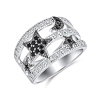 Black White Pave Cubic Zirconia CZ Fashion Celestial Patriotic USA American Rock Star Sparkly Wide Statement Band Ring For Women Teen Silver Plated