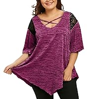 Women's Tshirts Loose Fit Plus Size Fashion V-Neck Lace Stitching Casual Top T-Shirt Shirt Sexy Tops