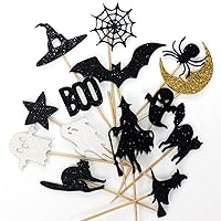 Shimmer Halloween 14-piece Fabic Cupcake Topper Cake Decoration Picks, Black Cat Bat Spider Web Witches Witch Hat Ghost Boo Moon Star