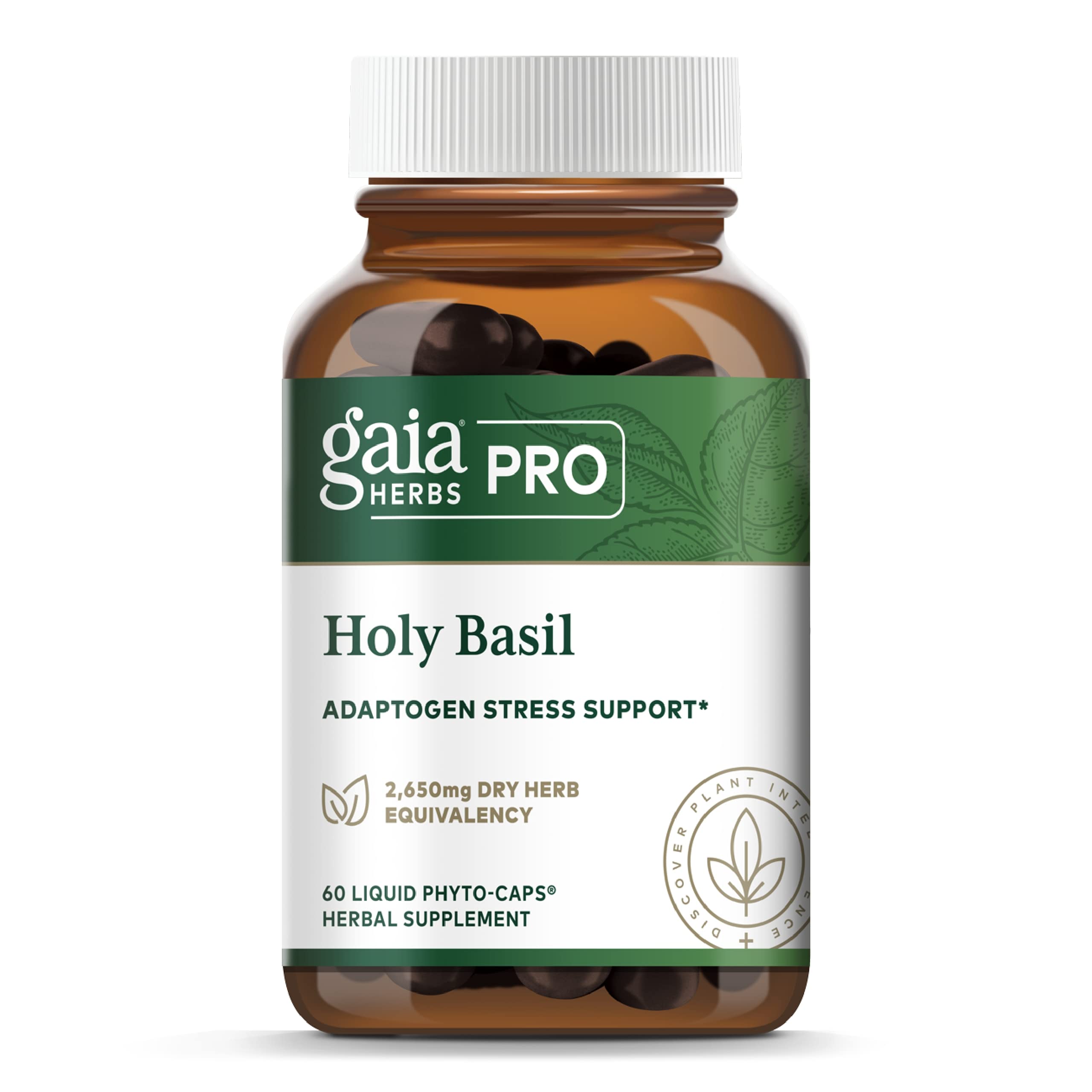 Gaia Herbs Pro Holy Basil Leaf - Stress Support Supplement with Holy Basil - Herbal Supplements to Support a Positive Mindset - 60 Liquid Phyto-Caps
