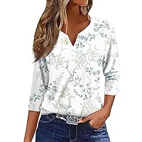 Women's Summer 3/4 Sleeve Tops 2024 Henley Neck Tee Cute Floral Print Shirts Casual Button Down V-Neck Blouses