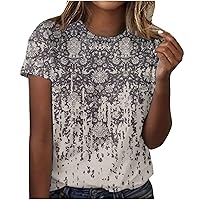 Womens Dressy Tops, Women's Fashion Casual Short Sleeve Flower Print Round Neck Pullover Top Blouse