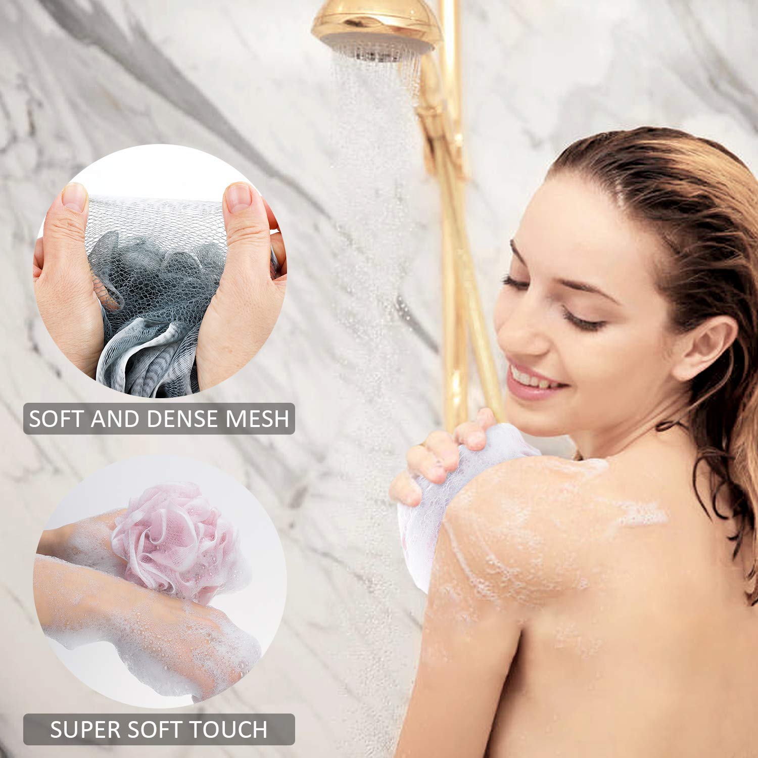 Novosun Loofah Bath Sponge Luffa Loufa Body Scrubber Mesh Pouf Shower Ball Exfoliating Shower Sponge Pack of 4 (60g/pcs)