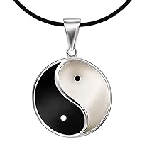 CLEVER SCHMUCK Set of Silver Pendant Large Yin Yang Diameter Approx. 23 mm Black and White Lacquered Shiny Sterling Silver 925 with Black Rubber Strap 45 cm Long, Glossy, No Gemstone