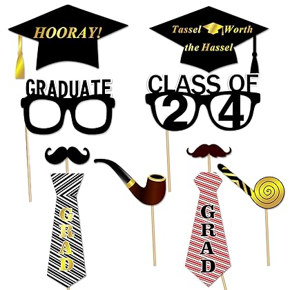 Graduation Photo Booth Props (50Count), Konsait Large Graduation Photo Props Class of 2024 Grad Decor with Sticks for Kids Boy Girl, Black and Gold, for Graduation Party Favors Supplies Decorations