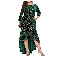 Summer Dresses for Women 2024 Fashion Elegant Sexy Round Neck Long Sleeve High Waist Velvet Plus Size High-Low Dress