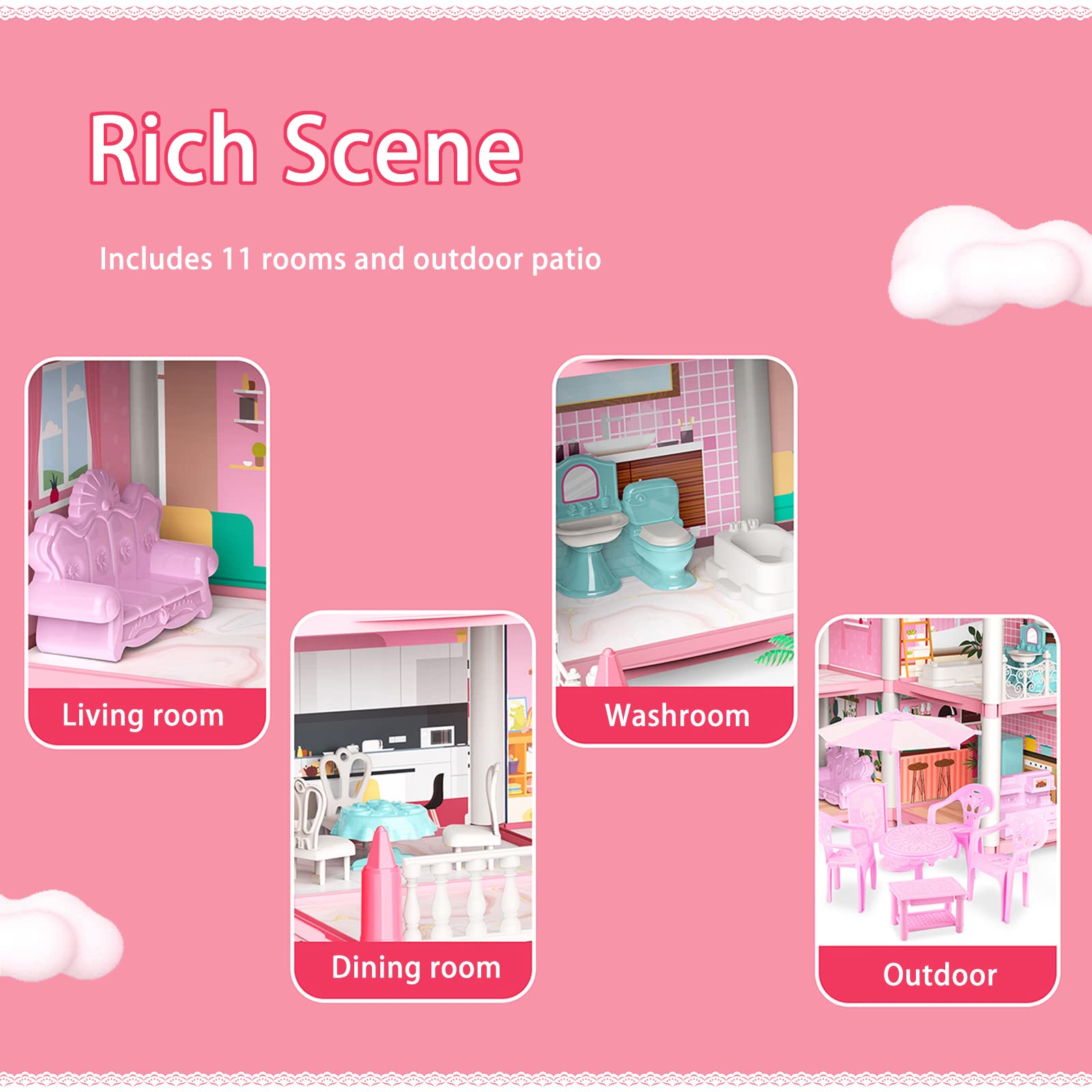 Doll House Set with 11 Rooms and Furniture Accessories, Pink Play Dream House for Girls, DIY Building Pretend Play Doll House Gift Toy for Kids.