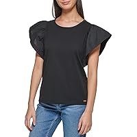 Calvin Klein Women's Essential Cotton Modal Jersey Ruffle Sleeve Shirt (Regular and Plus Sizes)