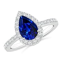 1.85Ctw Pear Shaped Blue Sapphire & CZ Diamond Halo Prong Set Engagement Wedding Ring 925 Sterling Sliver