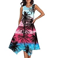 Sun Dress Hawaiian Dresses for Women Summer Print Casual Fashion Elegant Ceach Dress Sleeveless Round Neck Flowy Dresses Hot Pink XX-Large