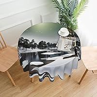 Pine Needle Tree Winter Print Round Tablecloth, Wrinkle Resistant Washable Farmhouse Table Cover for Kitchen Dining Party