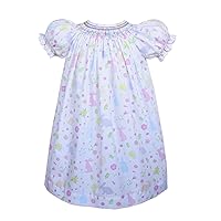 Hand Smocked Girls Bishop Dress Spring Summer Easter with Pastel Bunnies and Flowers