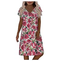 Womens Casual Striped Tie-dye Print V-Neck Short Sleeve Loose Long Shirt Dress Summer Vacation Clothes