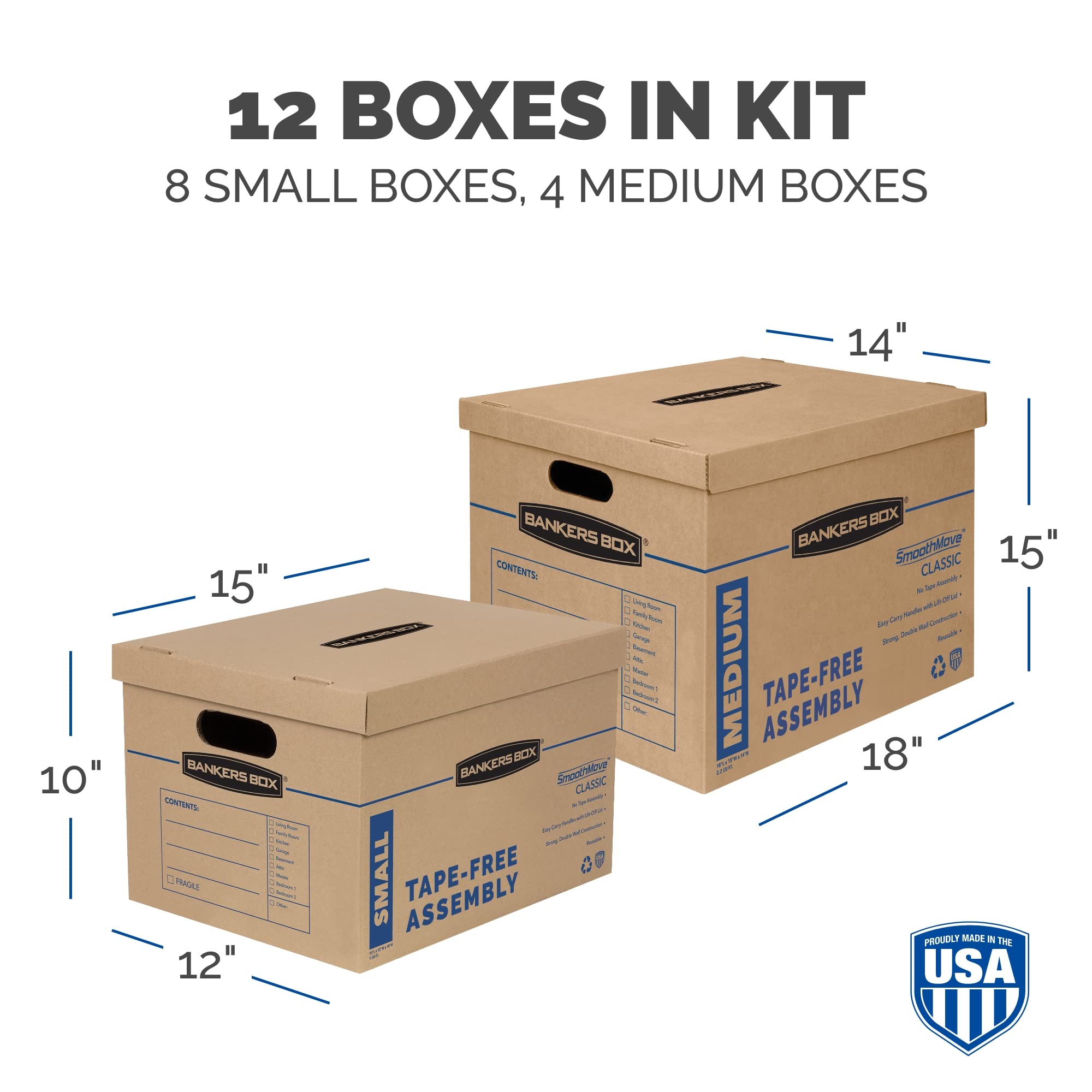 Bankers Box SmoothMove Classic Moving Boxes, Tape-Free Assembly, Easy Carry Handles, Brown, Assorted 12 Pack (7716401)
