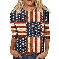 Independence Day Summer Shirts for Women 3/4 Length Sleeve Round Neck Tops 4 Th July Blouse Stripes Print Outfits