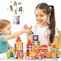 128 Pcs Wooden Building Blocks for Toddlers 1-3-Includes Carrying Container and Puzzle,Preschool Toys 4-8Y Learning Educational Toys Girls Boy Stacking Block Sets