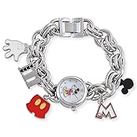 Accutime Disney Mickey Mouse Adult Women's Analog Watch - Mop Dial Silver Charm Bracelet, Glass Dial Face, Round Case, Female, Analog Wrist Watch in Silver (Model: MK2066-AZ)
