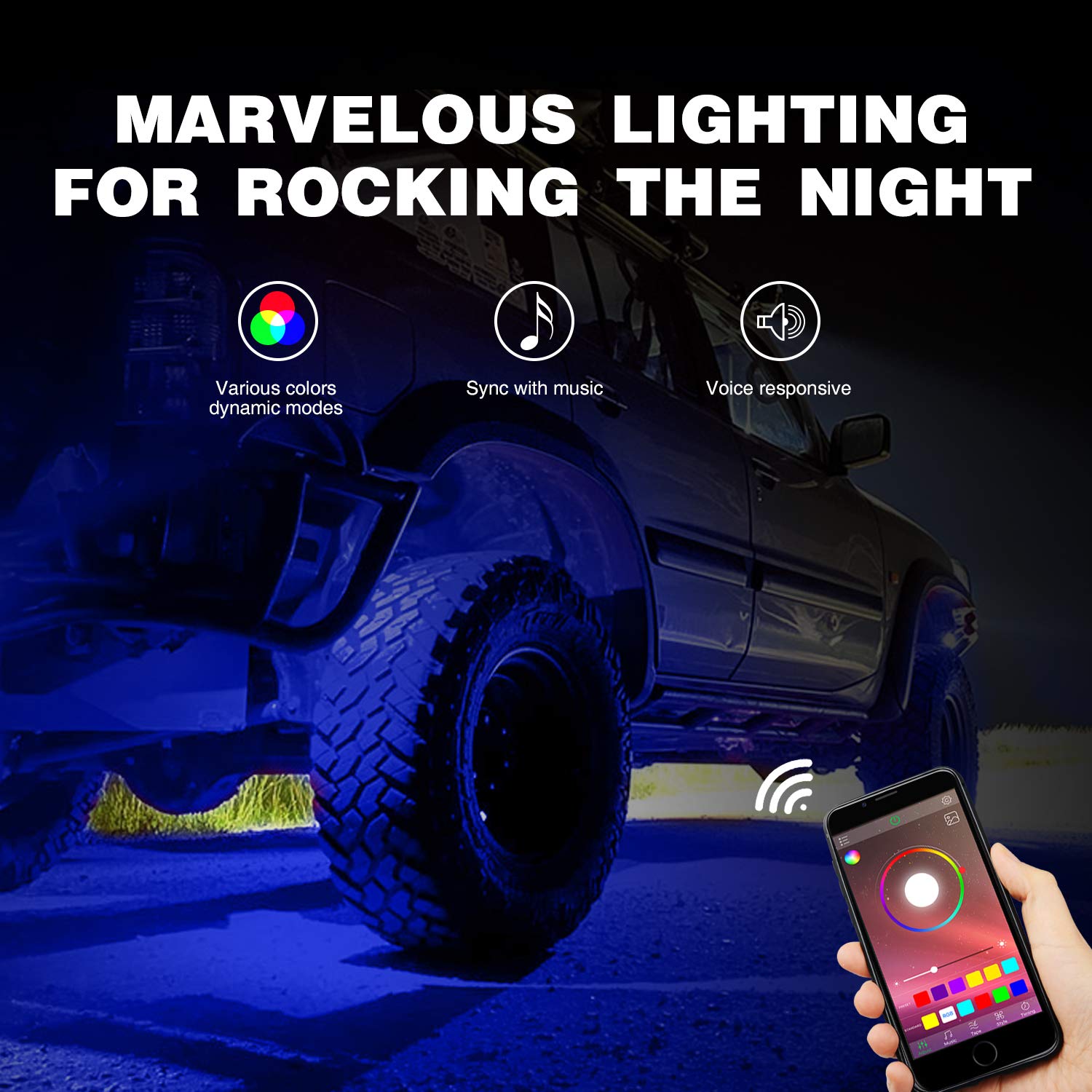 Pyle Marine ATV Powered Speakers 4.0 Wireless Bluetooth, 800 Watt & Nilight RGB LED Rock Lights Kit, 4 pods Underglow Multicolor Neon Light Pod