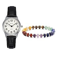 MANIFO Women’s Classical Arabic Numerals Analog Quartz Wrist Watch Bundle with 7 Chakra Crystal Bracelet