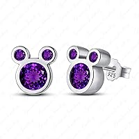 Fashion Mickey Mouse Earrings In 14k White Gold Filled Round Shape Purple Amethyst