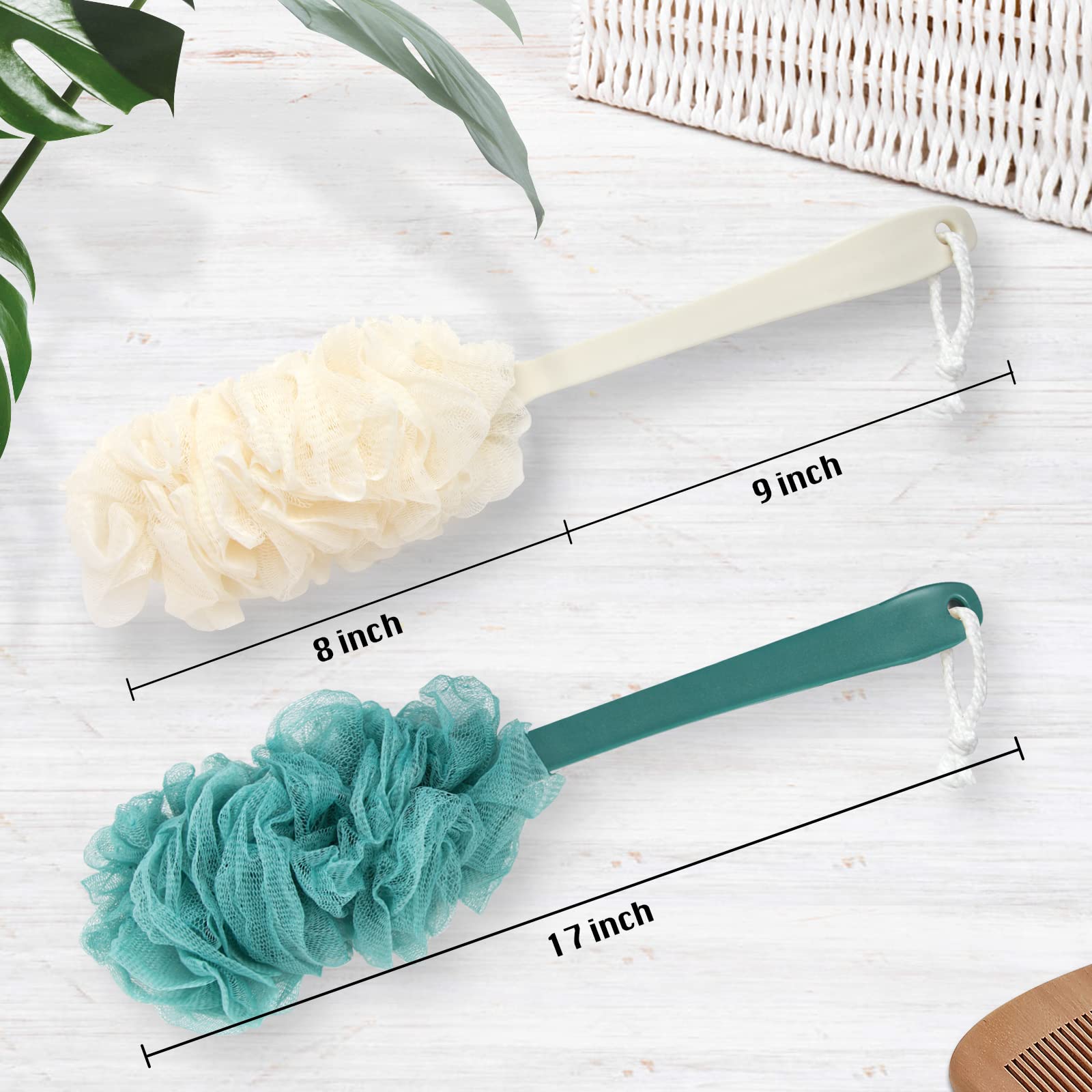 2Pack Back Scrubber for Shower，PIPUHA Loofah Sponge Shower Brush Using Body Exfoliating with Long Handle, Loofah on a Stick for Men Women, Bathing Accessories for Body Brushes (Blue and White)