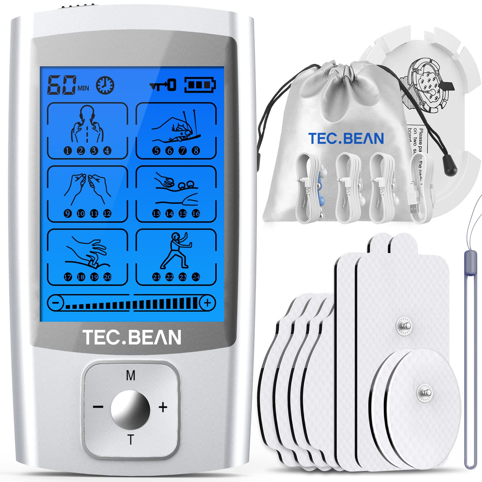 TEC.Bean Tens Unit for Pain Management and Rehabilitation with 24 Modes and 8 Pads Pulse Impulse Massager Great for Treating Pain and Muscle Relief