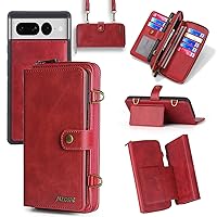 for Wallet Case Compatible with Google Pixel 7 Pro,Multi-Function Detachable 3 in 1 Magnetic,Flip Strap Zipper Card Holder Phone Case with Shoulder Straps(Red)