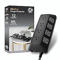 GE-Branded UltraPro 12-Outlet Surge Protector, 3540J, 8ft. Braided Cord, Black, Extension Cord, for Home, Office, Dorm - 81784