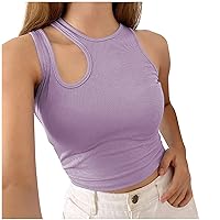 Womens Cut Out Knit Ribbed Asymmetrical Crop Tops Summer Sleeveless Casual Slim Fit Sexy Fashion Solid Tank Top