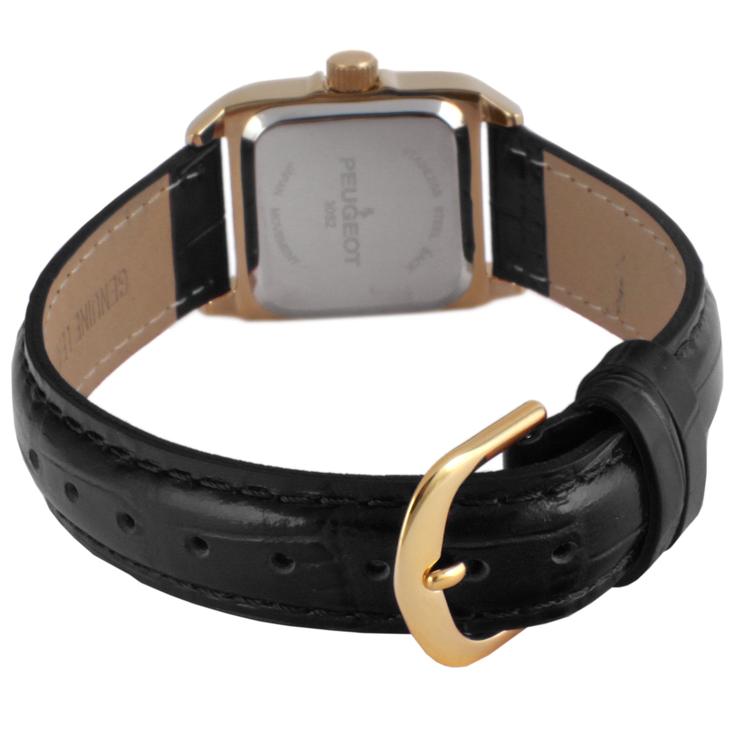 Peugeot Women's 14K Gold-Plated Tank Crystal Bezel Roman Numeral Black Leather Band Watch 3052BK