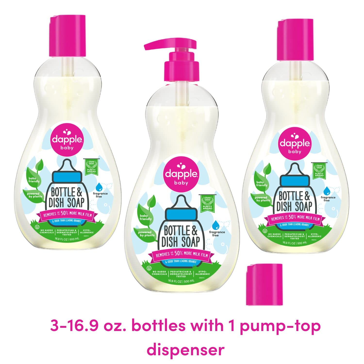 Dapple Baby, Bottle and Dish Soap Dish Liquid Plant Based Hypoallergenic 1 Pump Included, Packaging May Vary, Fragrance Free, 16.9 Fl Oz (Pack of 3)