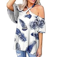 Women Cold Shoulder Halter Dressy Tops Summer Bell Short Sleeve Keyhole Neck T-Shirt Casual Loose Fit Trendy Shirts