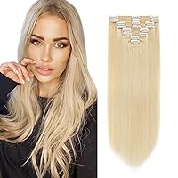 MY-LADY Bleach Blonde Double Weft 100% Remy Human Hair Clip in Extensions Grade 7A Quality Full Head Thick Thickened Long Soft Silky Straight 8pcs 18clips for Women Beauty 14