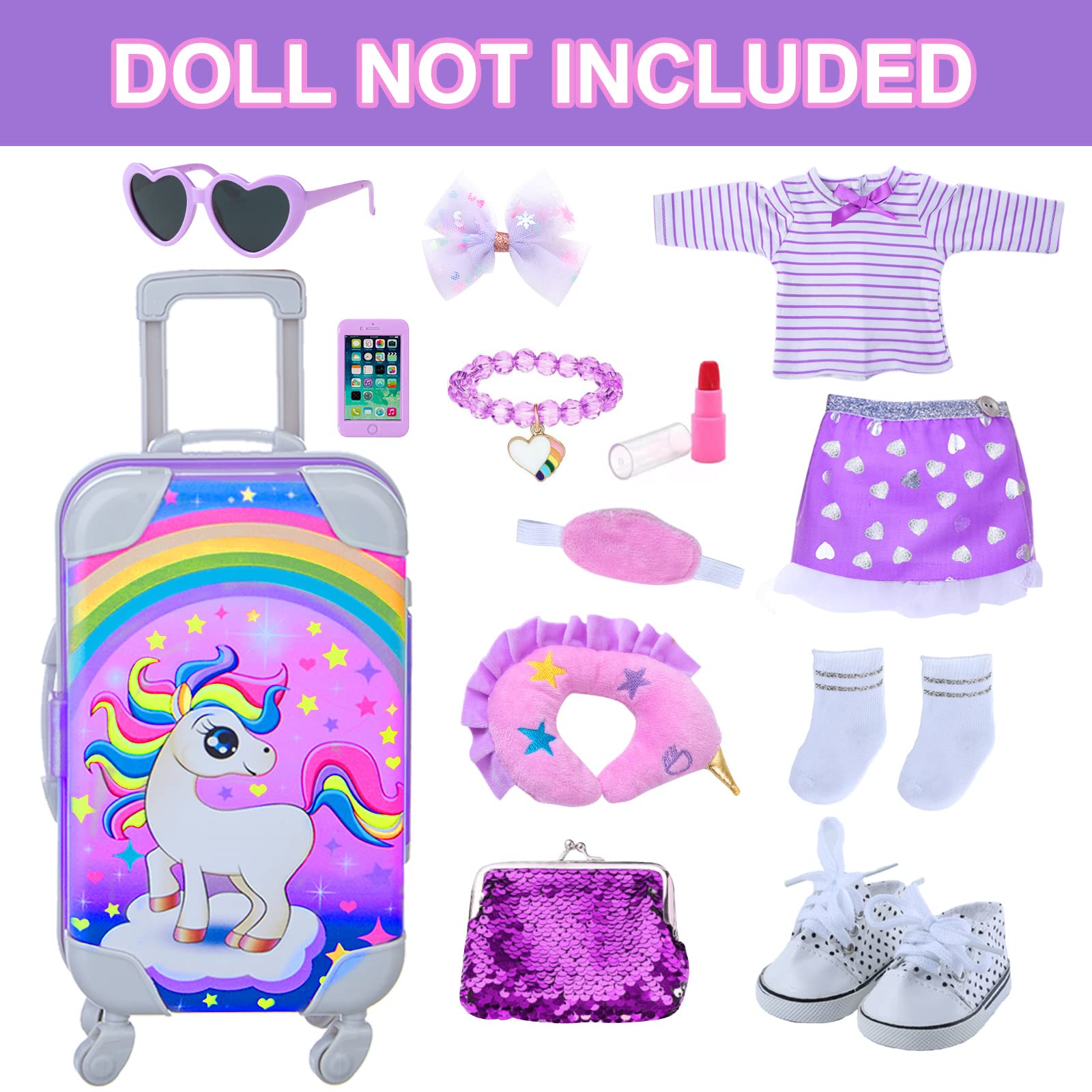 DONTNO 29 Pcs American Doll Clothes and Accessories, Cute Travel Play Set fit 18 Inch Doll with Purple Clothes Suit, Unicorn Suitcase, Handbag, Lipstick, Camera, Sunglasses for Kids