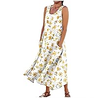 Summer Beach Dresses Beach Dresses for Women 2024 Floral Print Bohemian Casual Loose Fit Flowy with Sleeveless U Neck Linen Dress Yellow 5X-Large