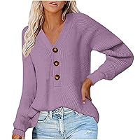 Women Long Sleeve V Neck Button Henley Sweater Solid Color Ribbed Knit Sweaters Pullover Casual Relaxed Fit Jumper