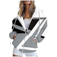 Zip Up Sweatshirt Women,Oversized Zipper Hoodie For Woman Novelty Color Block Long Sleeve Sweatshirt Jacket Outwear
