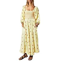 Summer Beach Dresses for Women 2024 Trendy Vacation Ladies Casual Square Collar Horn Sleeve Floral Long Maxi Dresses