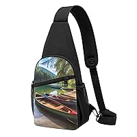 Sling Bag Crossbody for Women Fanny Pack Lake with Boats Canoes Park Chest Bag Daypack for Hiking Travel Waist Bag